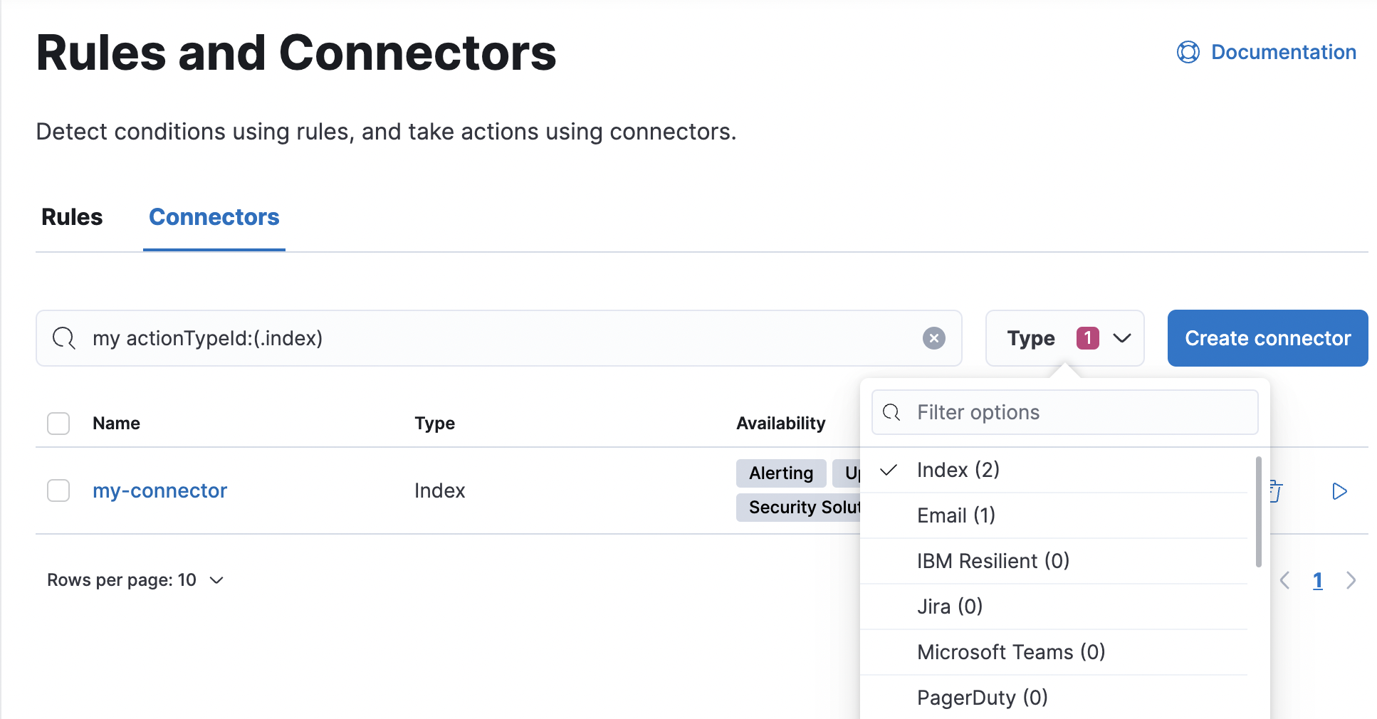 Filtering the connector list by types of connectors