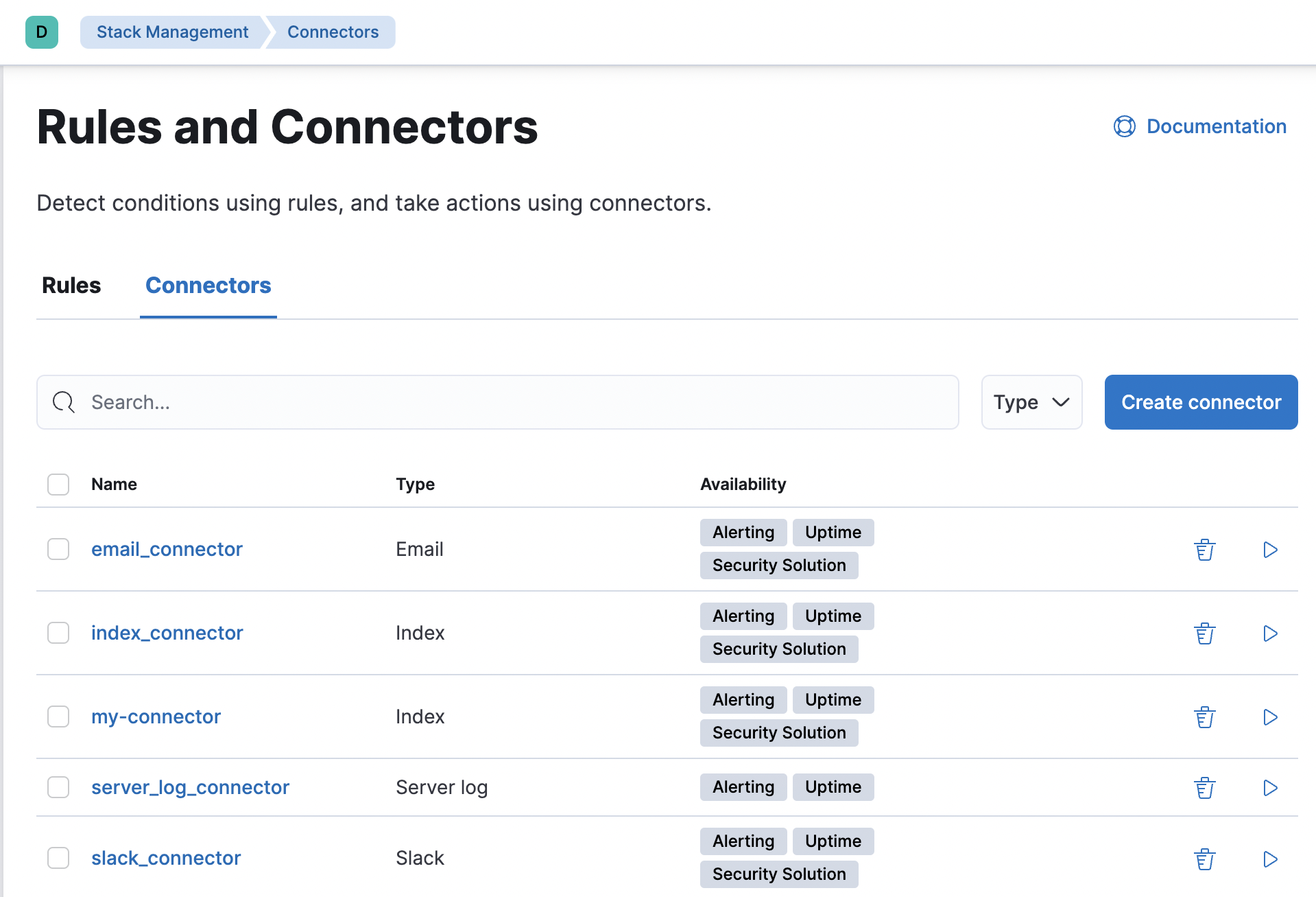 Example connector listing in the Rules and Connectors UI