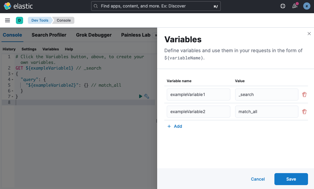 What it looks like to define variables and consume them in a request in Console