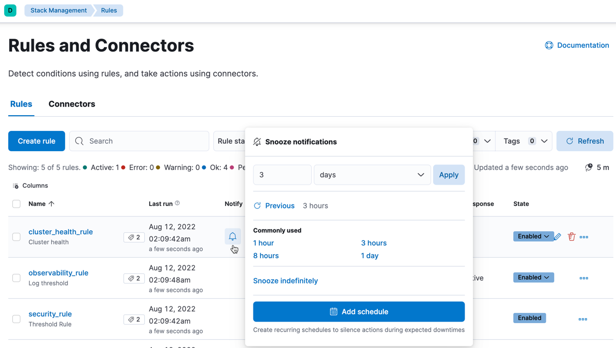 Snooze notifications for a rule in Stack Management > Rules and Connectors