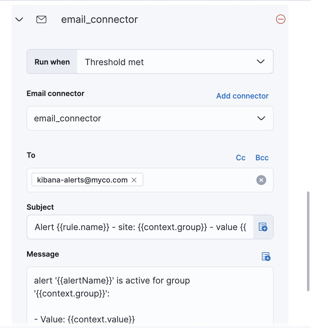 UI for defining an email action