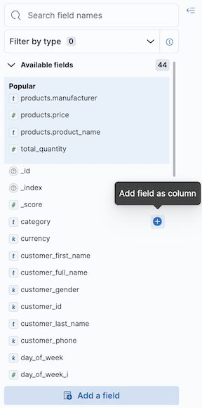 Discover table that displays only the product categories that contain orders