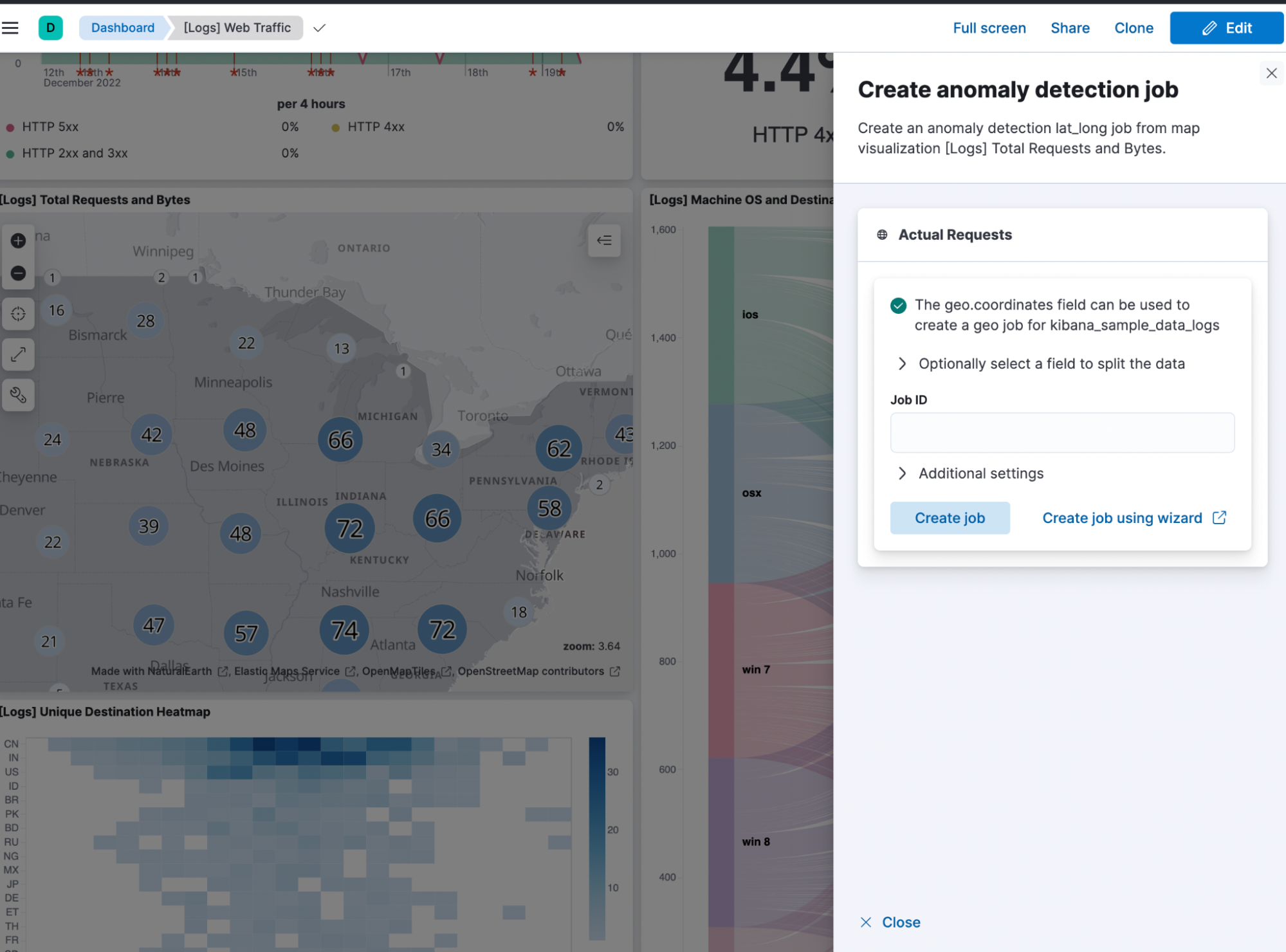 Create anomaly detection jobs from map visualizations