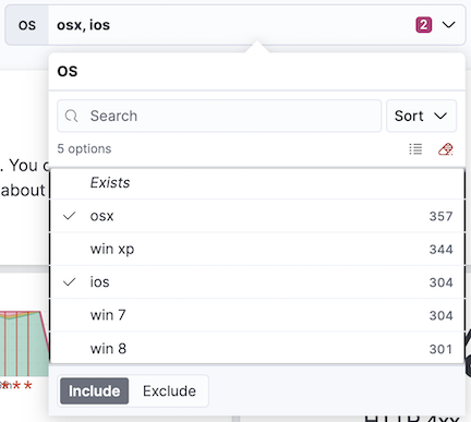 Options list control for the `machine.os.keyword` field with the `osx` and `ios` options selected