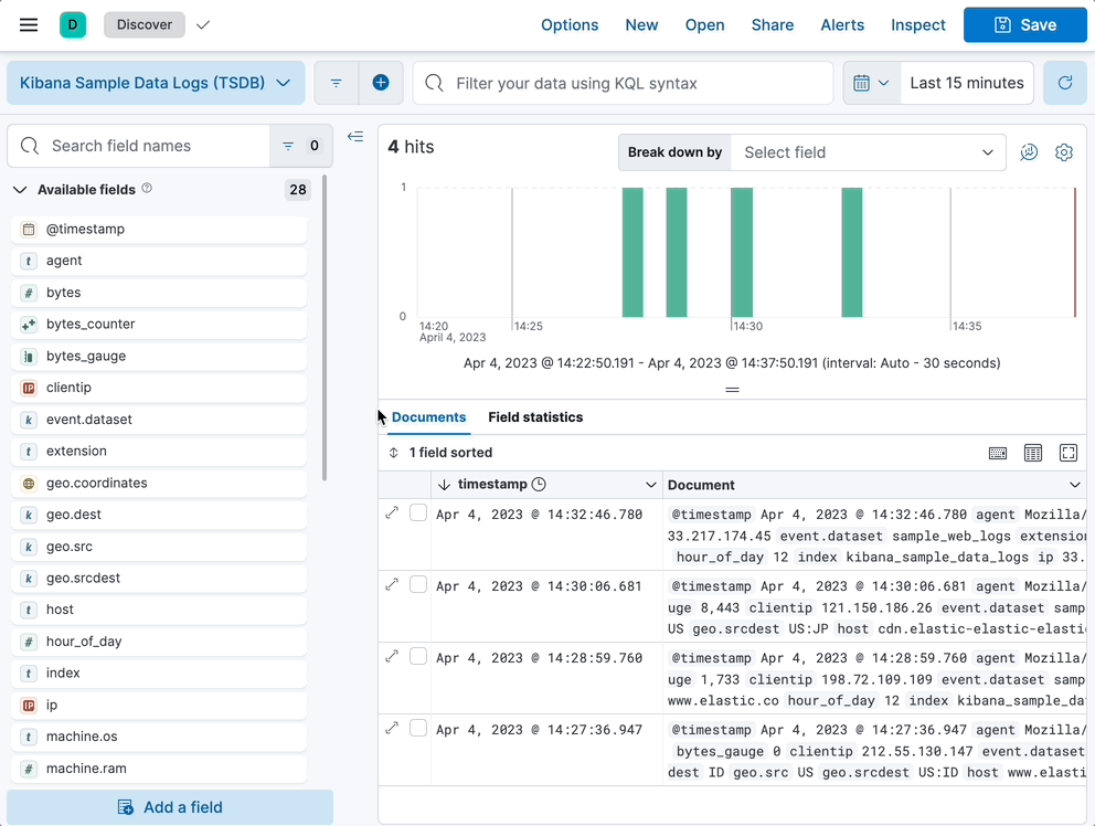 Drag fields from Available fields list to the document table