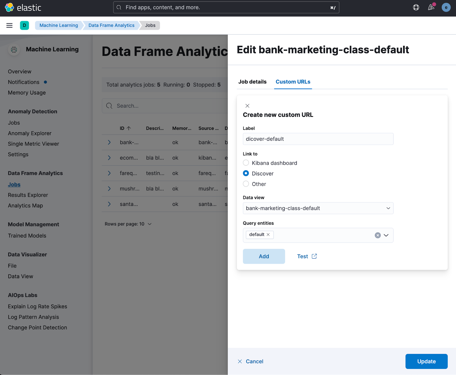 Data frame analytics custom URLs