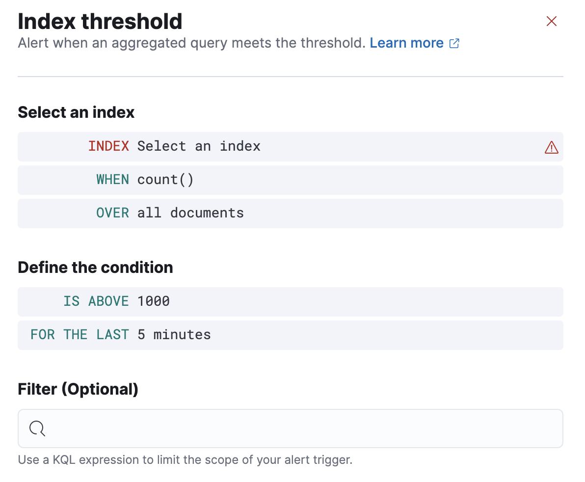 Defining index threshold rule conditions in Kibana