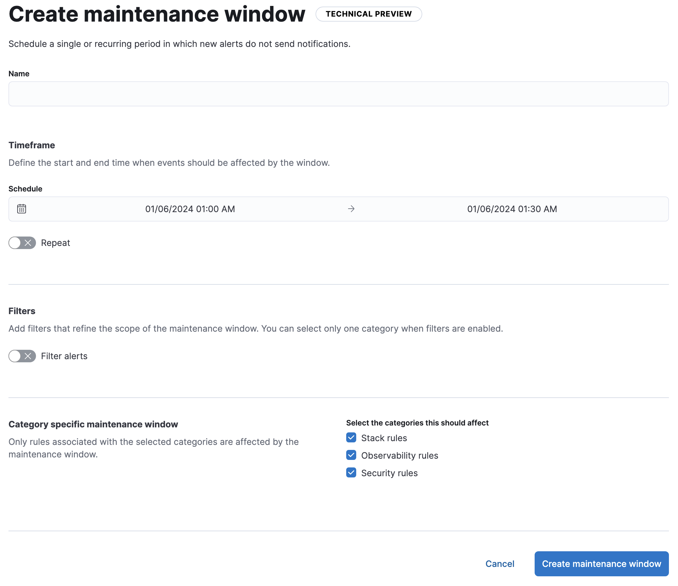 The Create Maintenance Window user interface in Kibana
