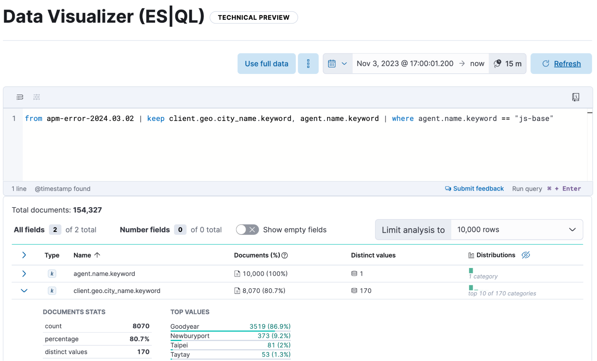An image of the new Data Visualizer for ES|QL.