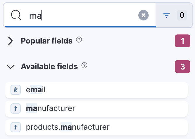 Fields list that displays the top five search results