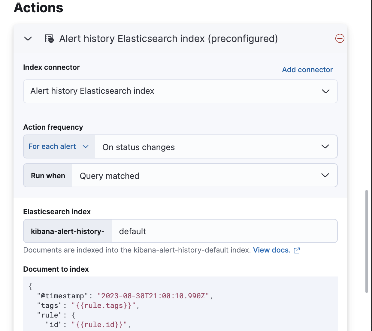 Creating a rule action that uses the pre-configured alert history connector