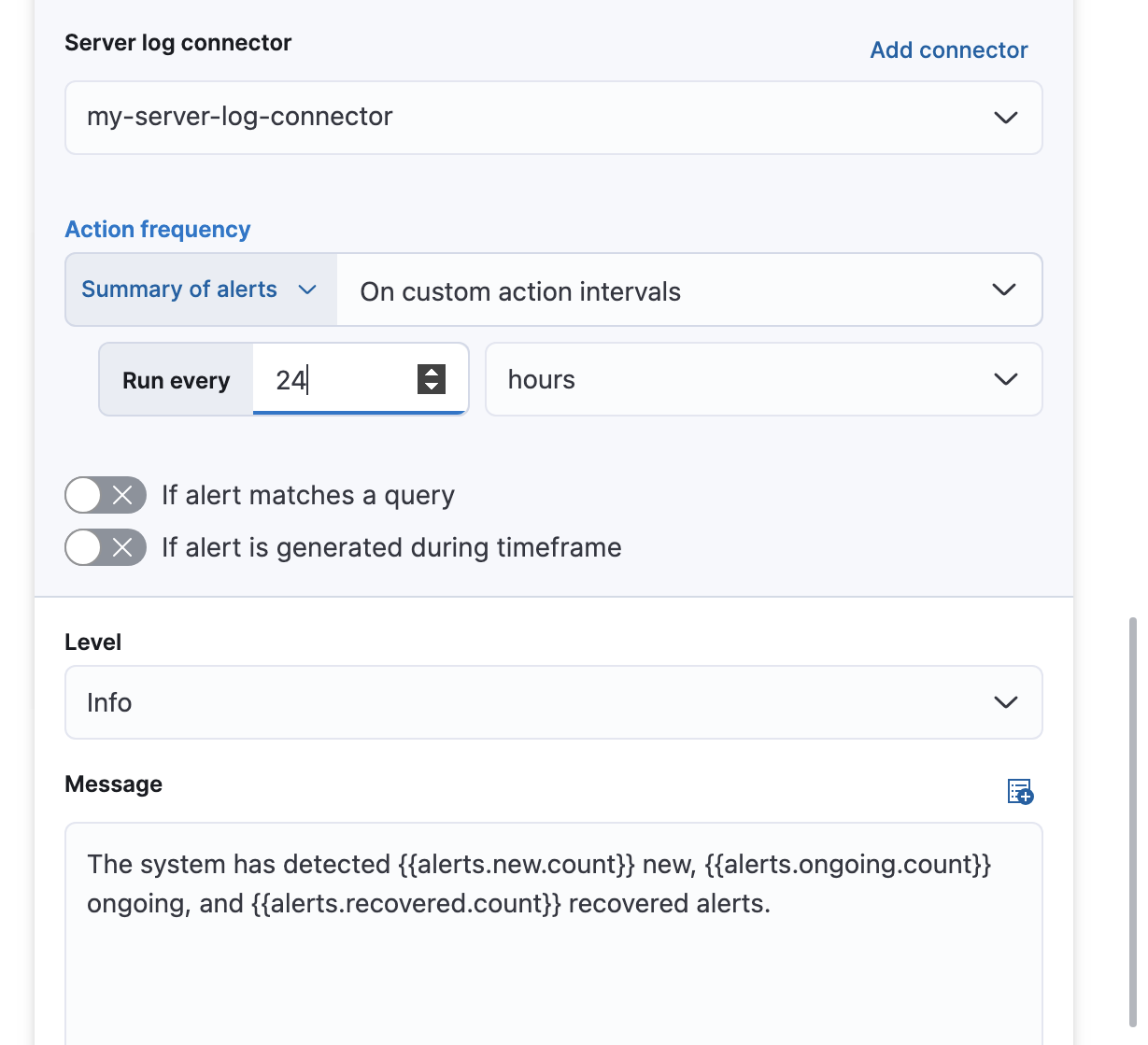 UI for defining alert summary action in an index threshold rule