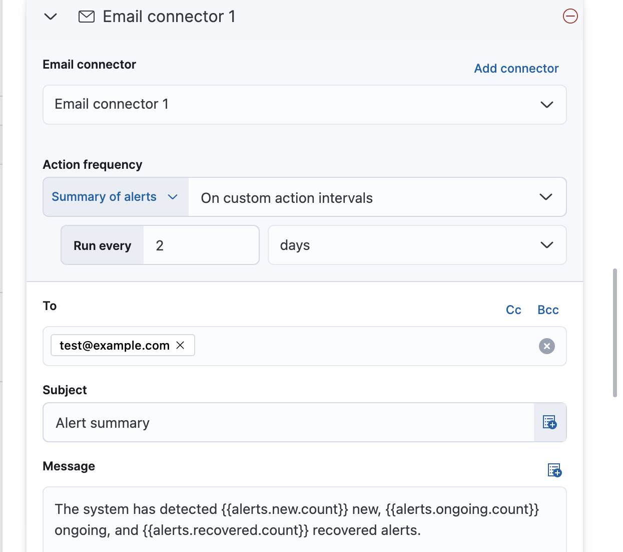 UI for defining alert summary action in an Elasticsearch query rule