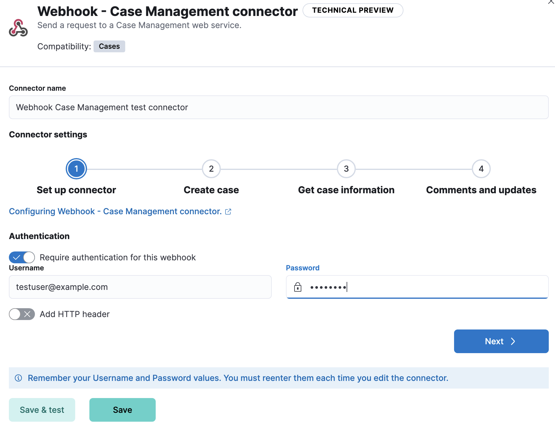 Set authentication details in the Webhook - Case Management connector