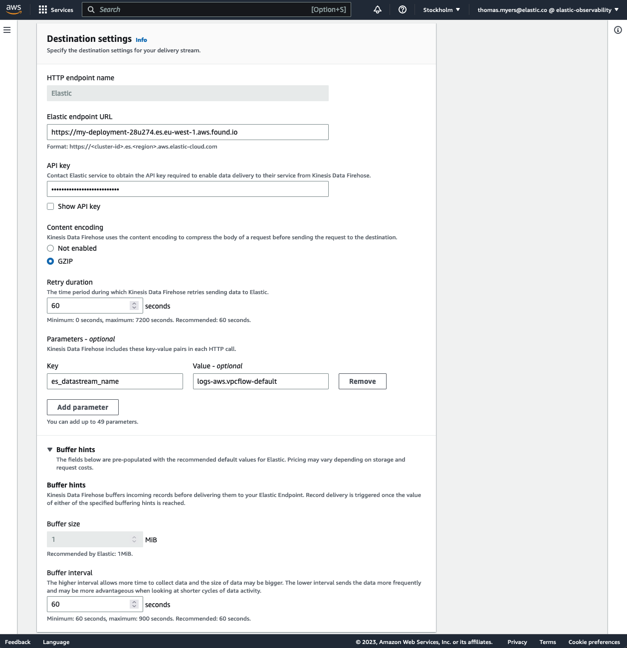 Amazon Kinesis Data Firehose delivery stream settings showing 'Destination settings' section