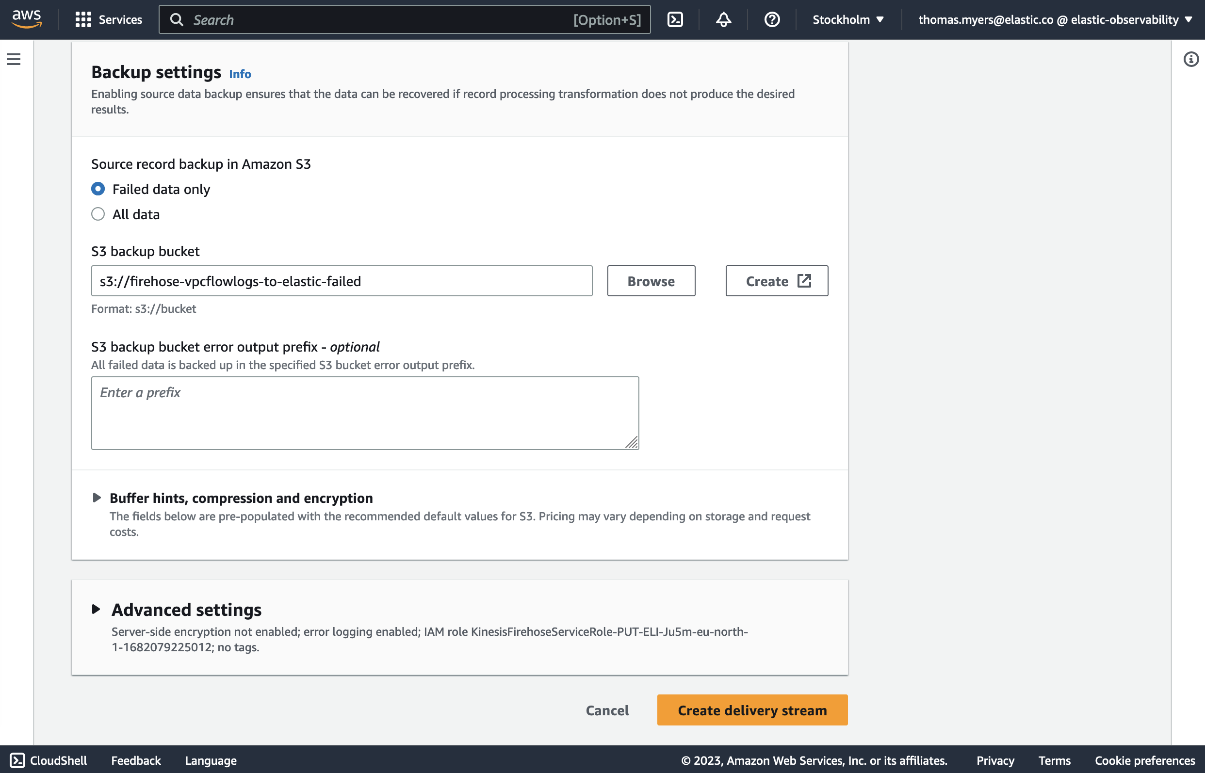 Amazon Kinesis Data Firehose delivery stream settings showing 'Backup settings' section