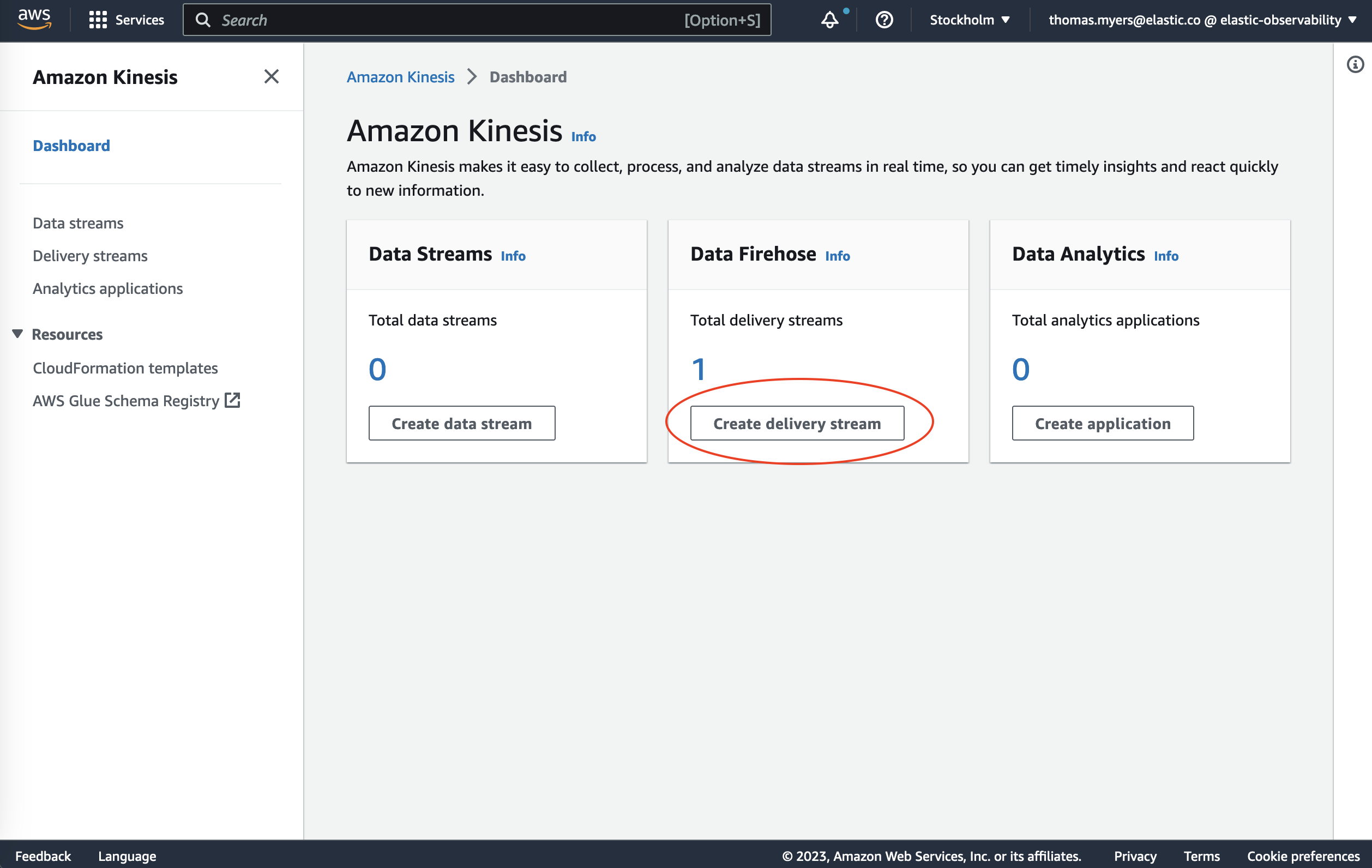 Amazon Kinesis dashboard with the "Create delivery stream" button highlighted
