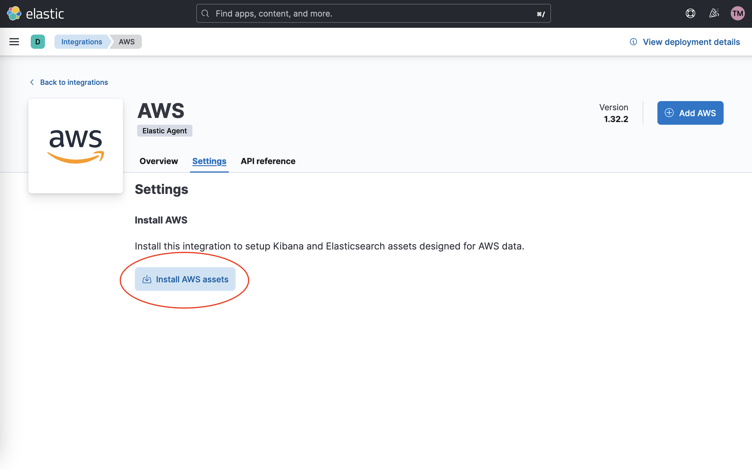AWS integration settings page with the "Install AWS assets" button highlighted