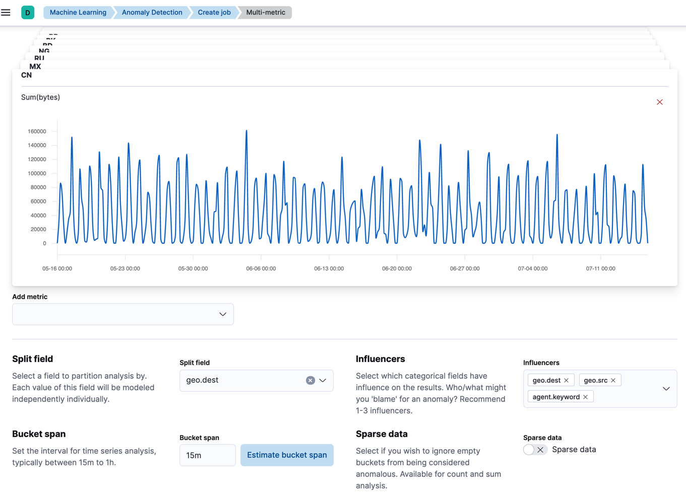 A screenshot of creating an anomaly detection job using the web logs data in Kibana