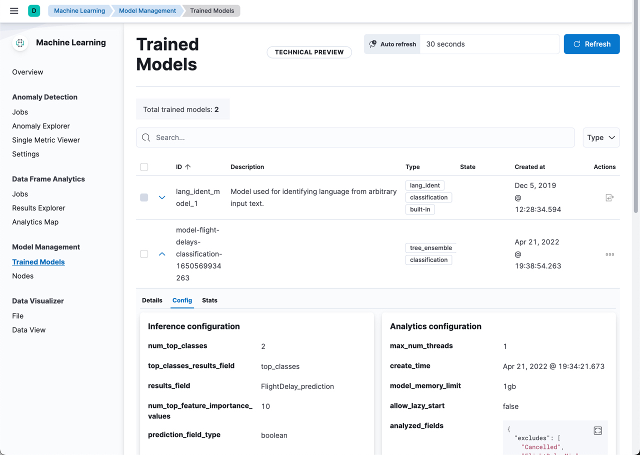 List of trained models in the Machine Learning app in Kibana