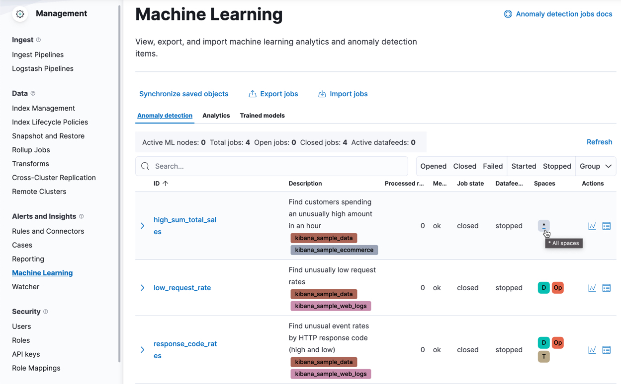 Assign machine learning jobs to spaces