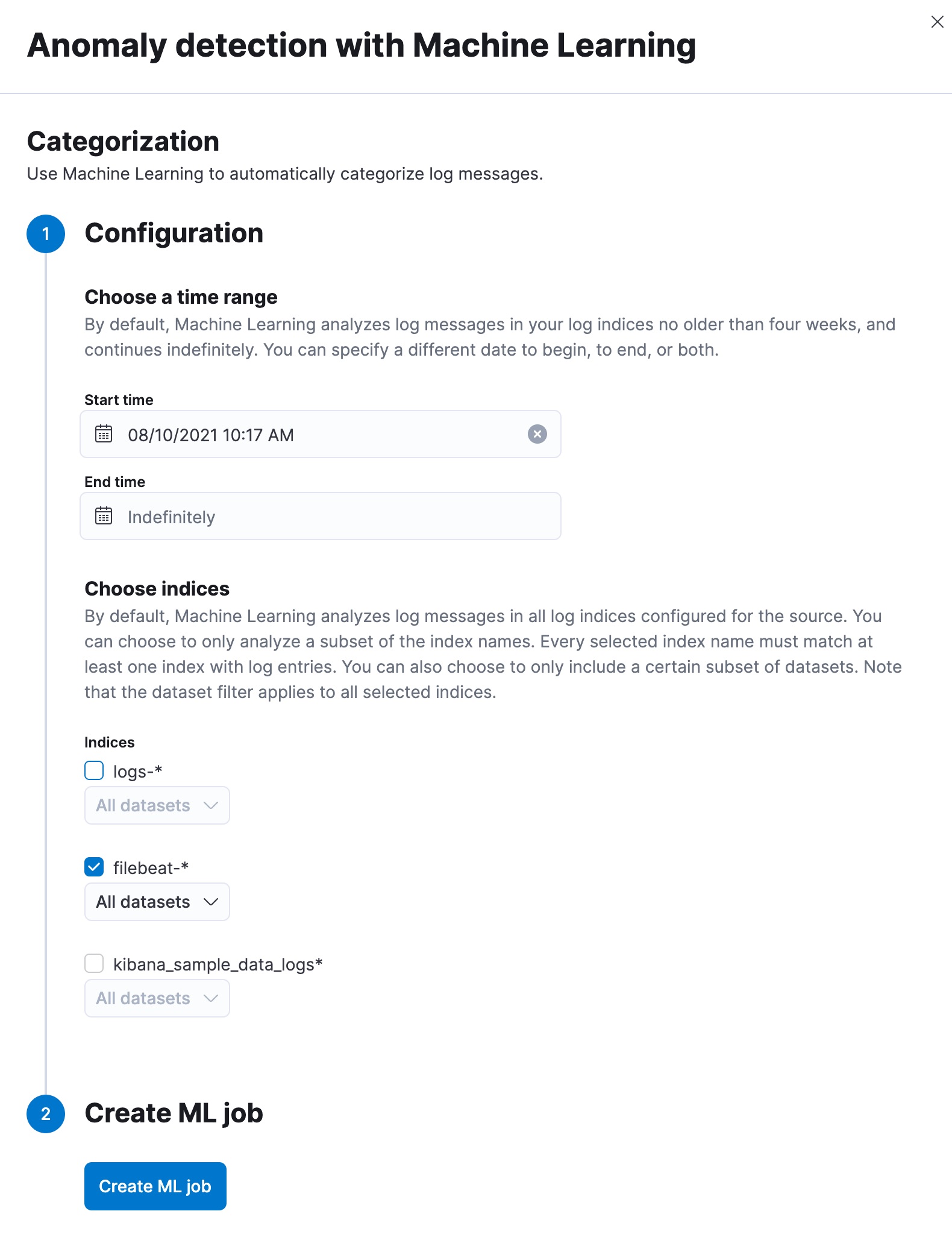 Configure log categorization job