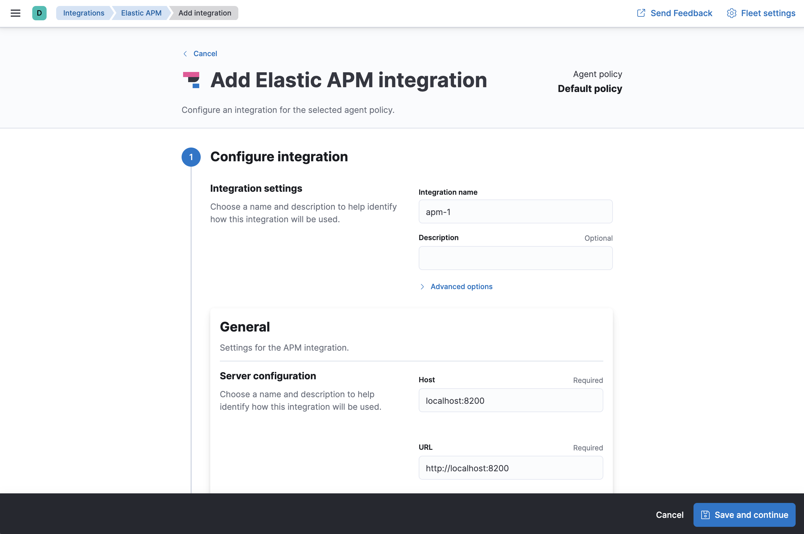 Fleet Add APM integration page