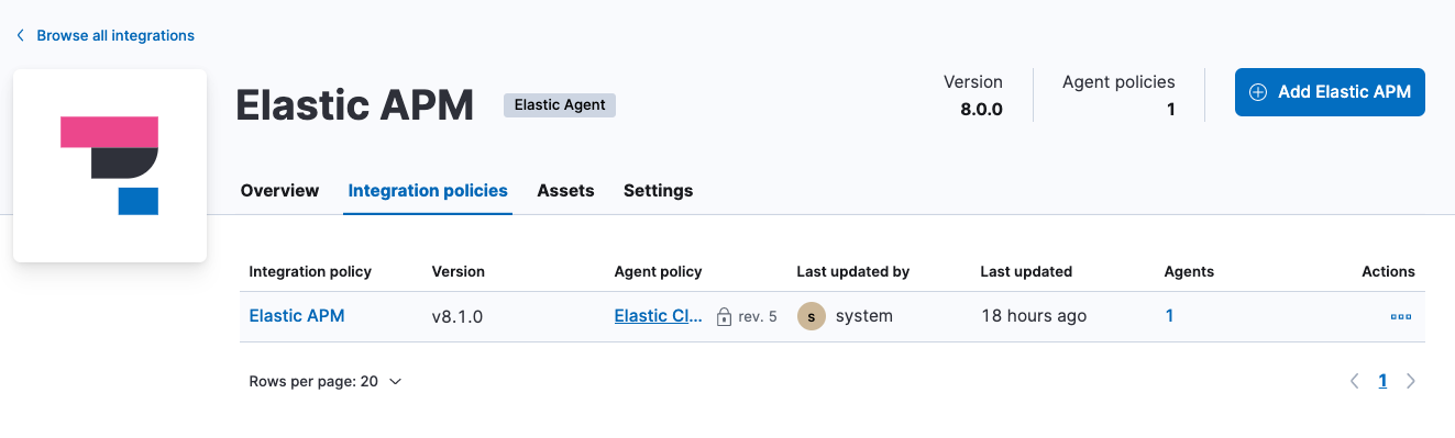 Cloud APM policy view on the Elastic APM page