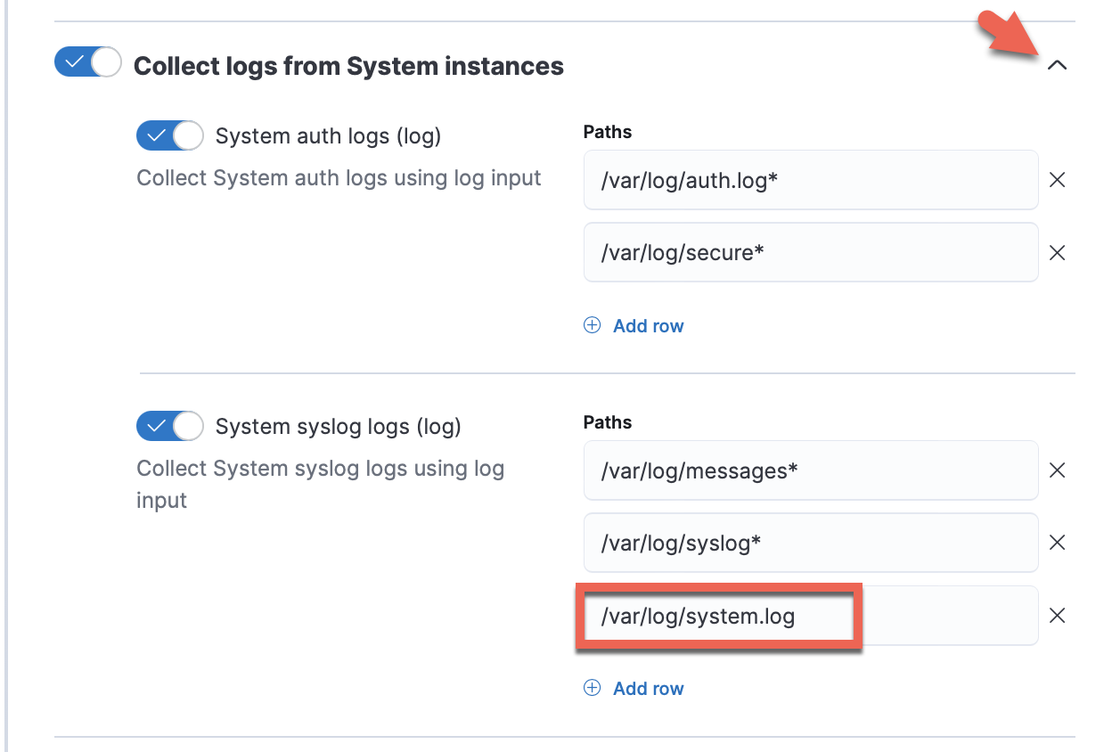 Configuration page for adding log paths to the Elastic Agent System integration