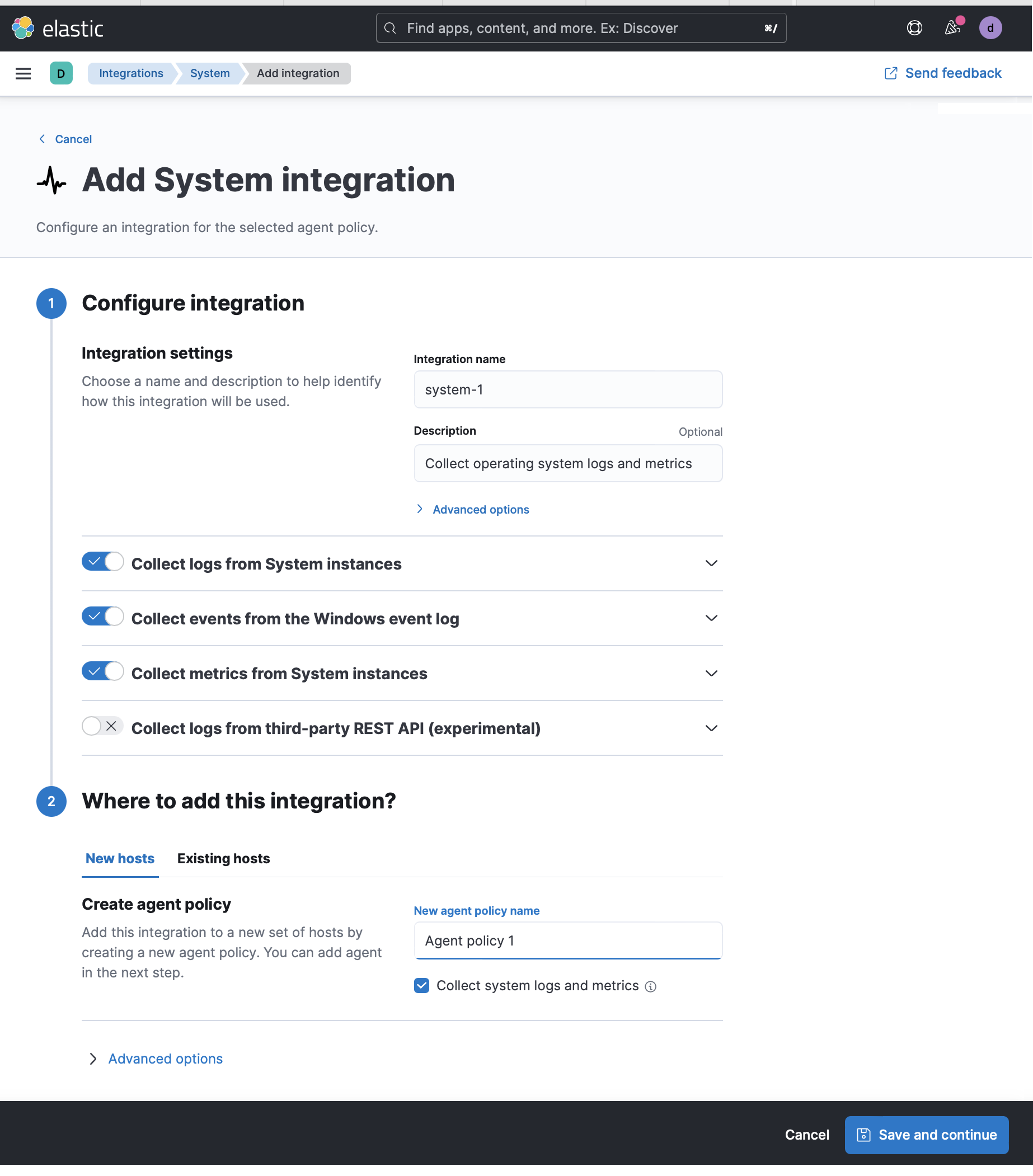 Configuration page for adding the Elastic Agent System integration