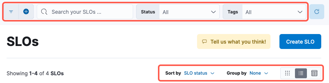 Options for filtering SLOs in the overview