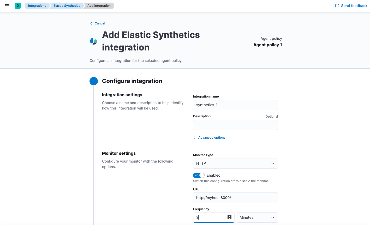 Fleet Add Synthetics integration page