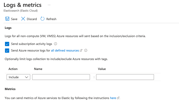 Screenshot of logs and metrics configuration for Elastic resource in Azure