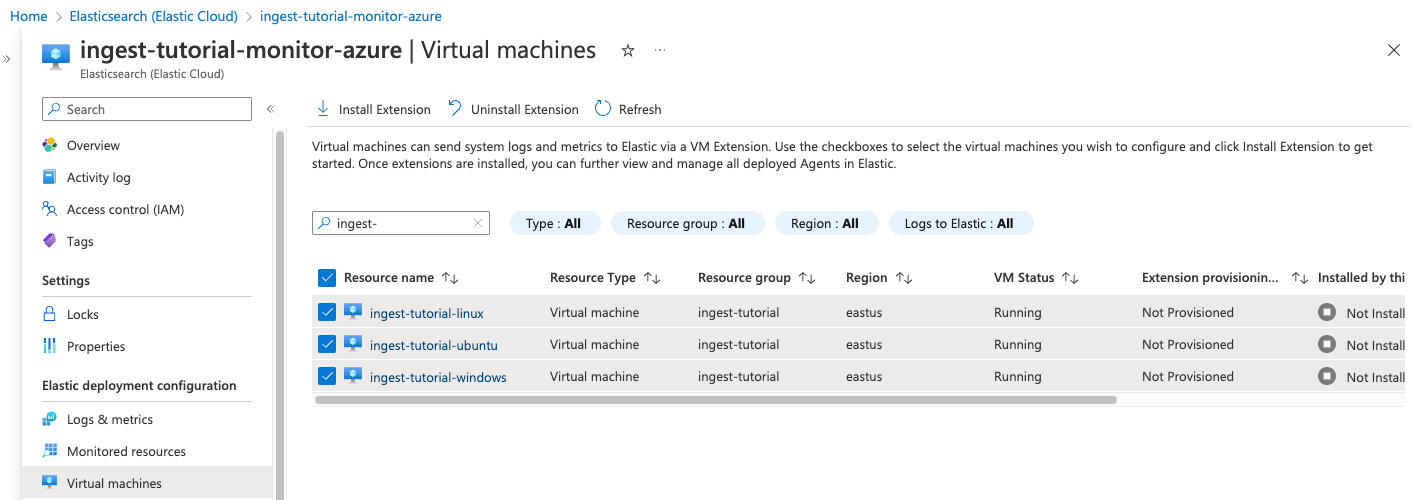 Screenshot that shows VMs selected for logs and metrics collection