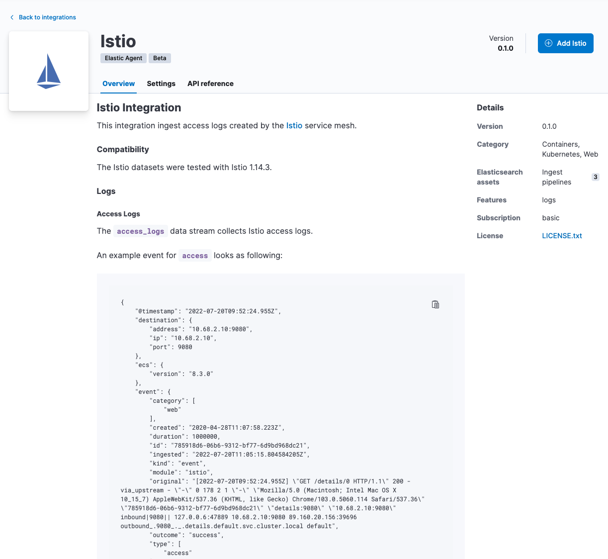 Add the Istio integration to collect logs from the Istio service mesh