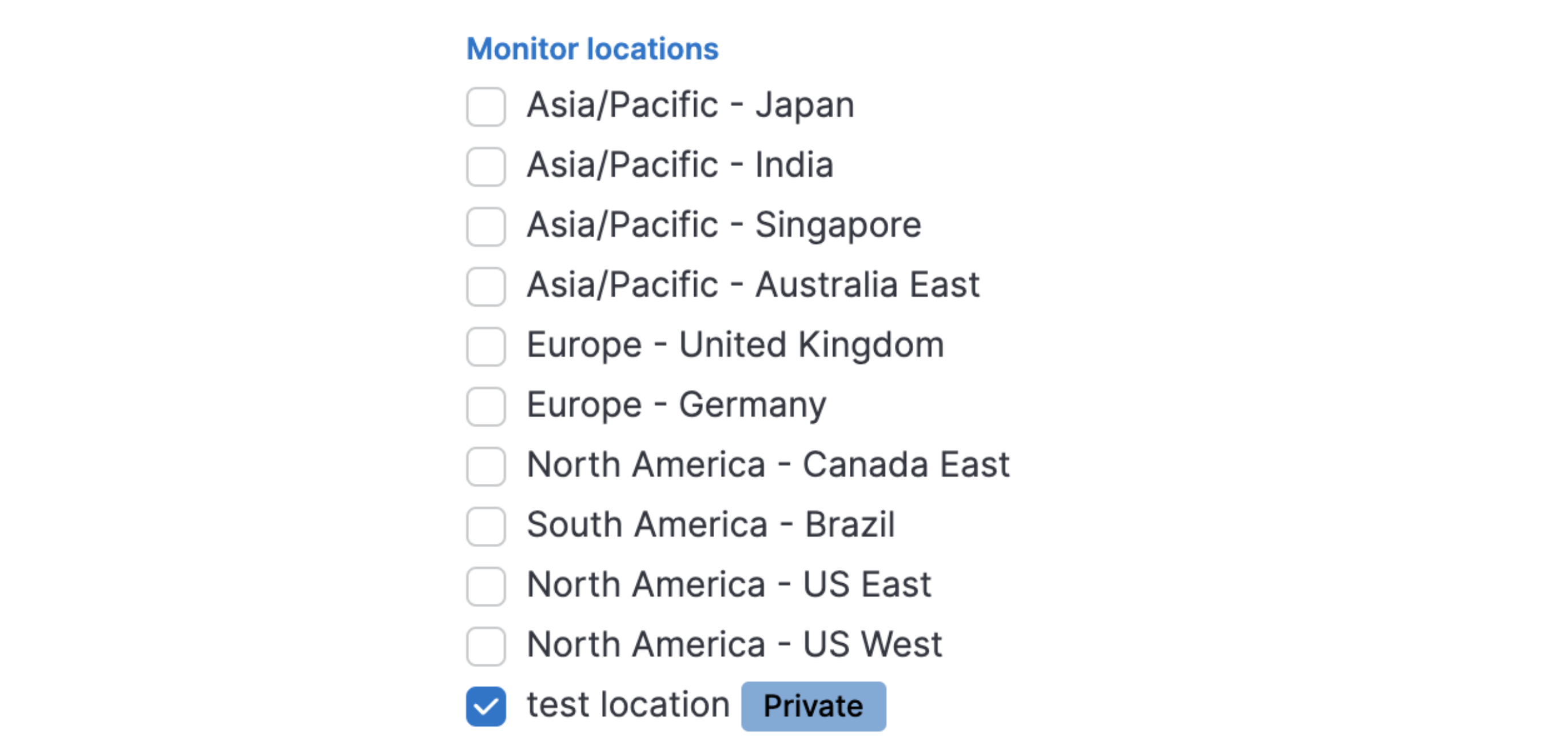 Screenshot of Monitor locations options including a private location