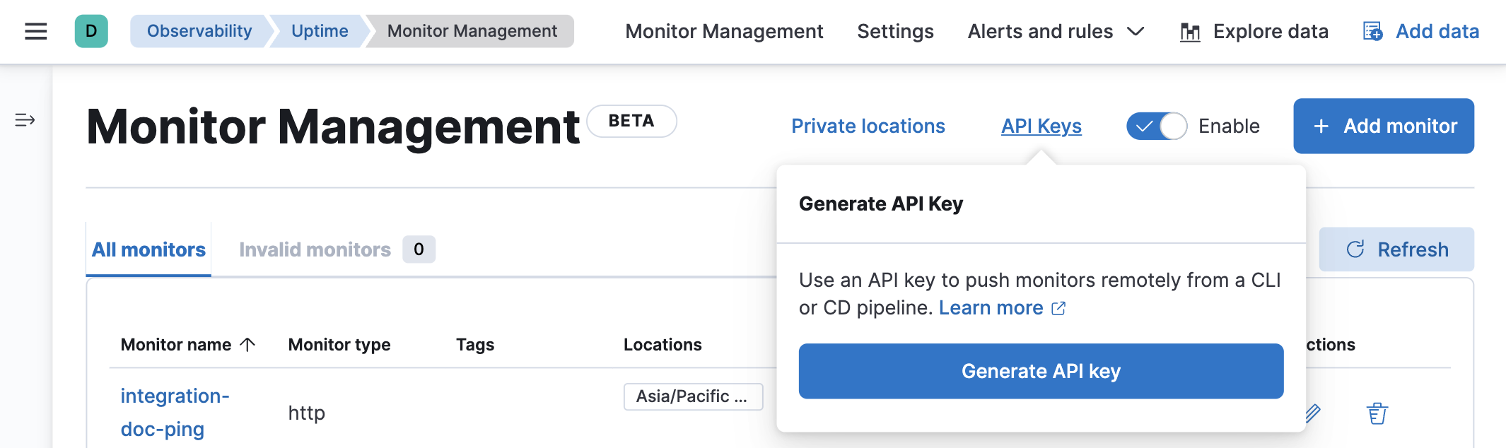 API Keys tooltip on the Uptime app’s Monitor Management page
