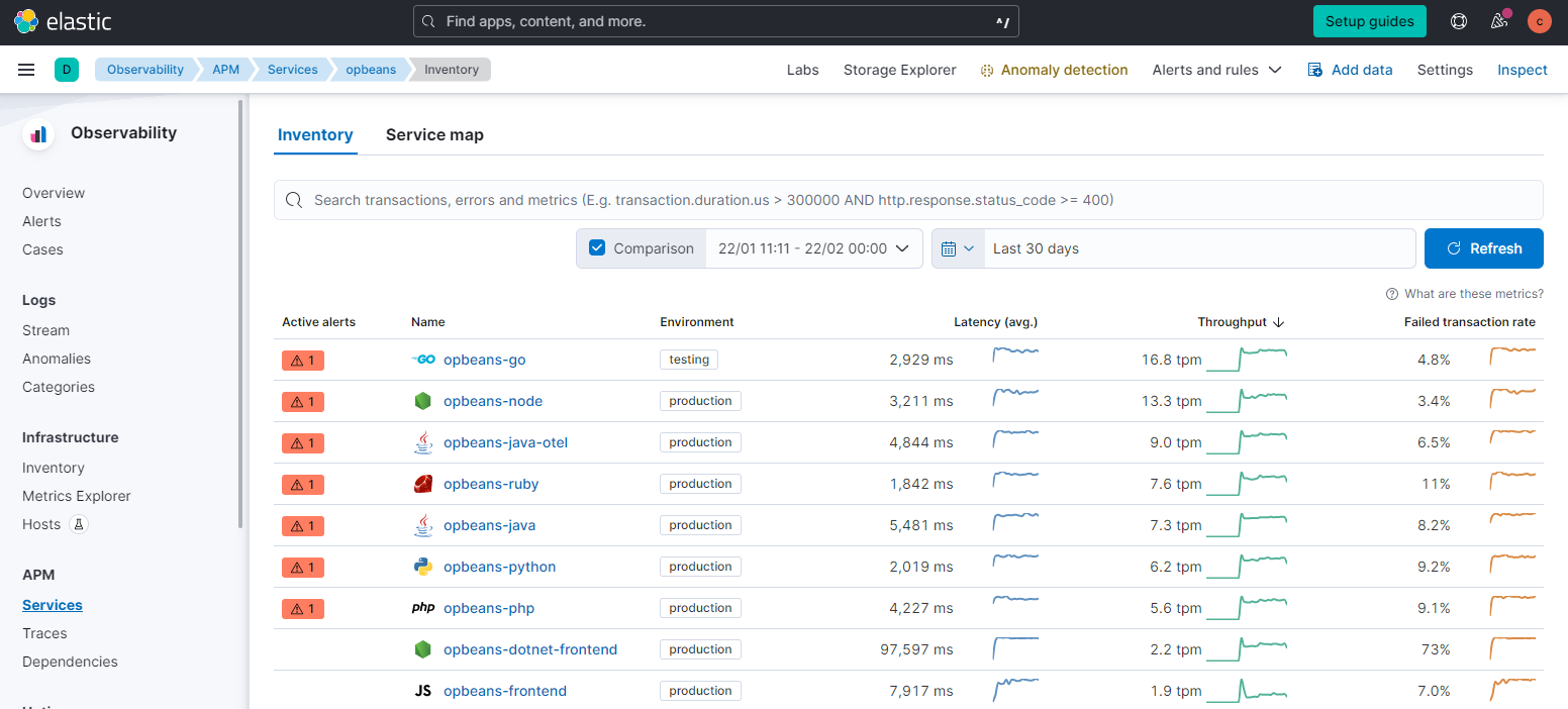 apm services list screenshot