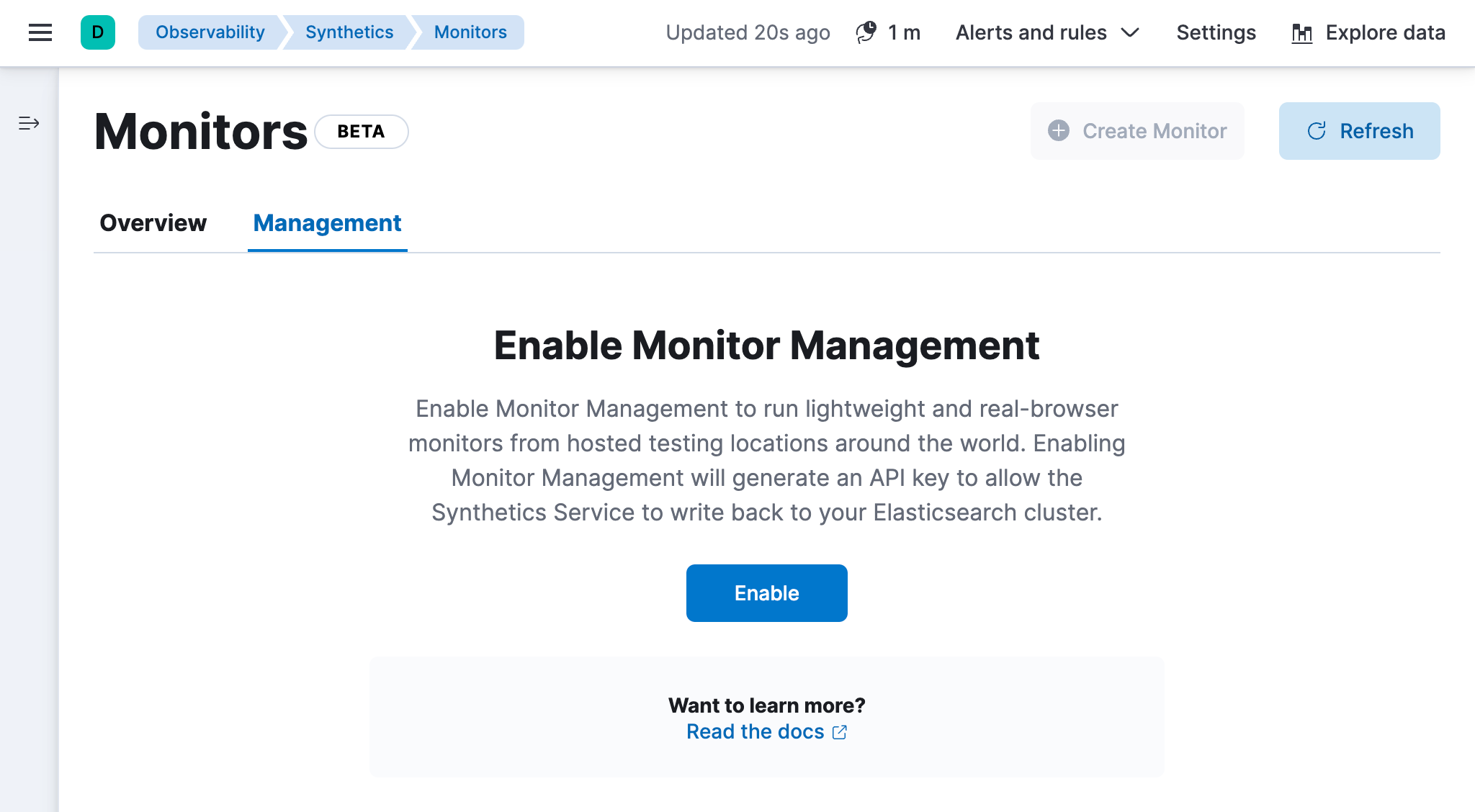 Synthetics app in Kibana on the Management tab before Monitor Management is enabled