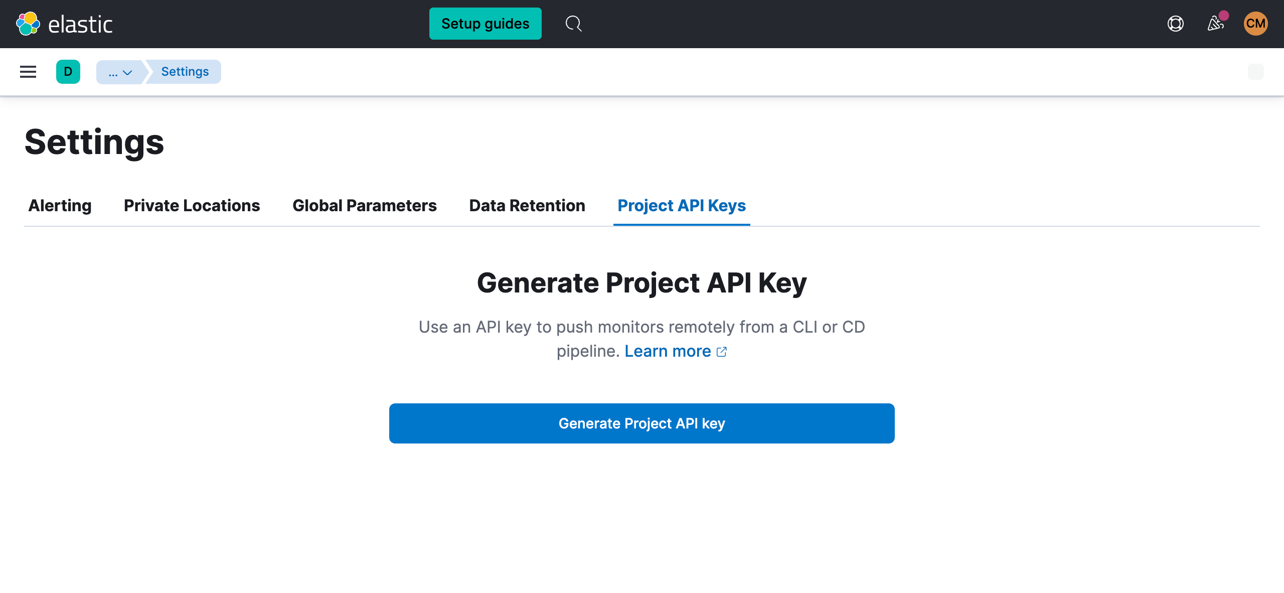Project API Keys tab in Synthetics settings
