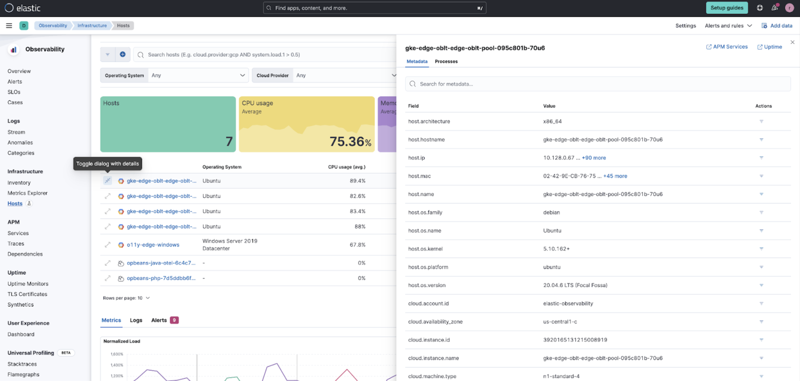 Previewing a host to view metadata and processes