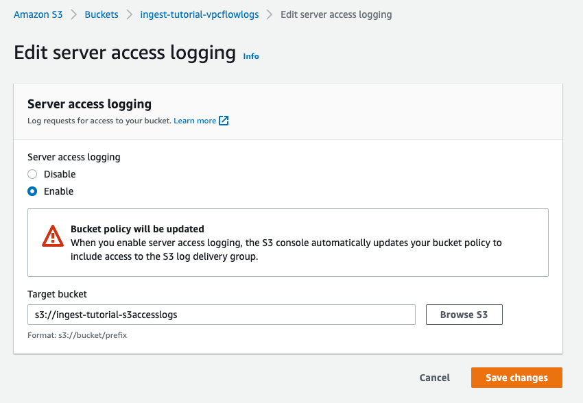 Screenshot of server access logging properties