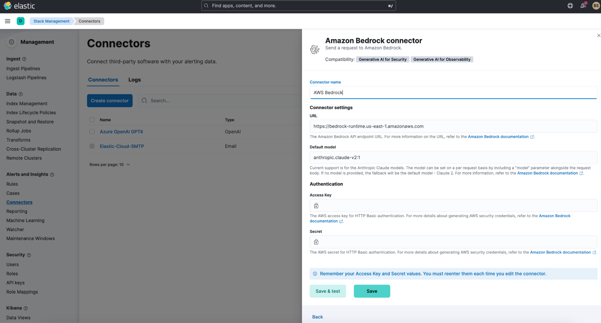 aws bedrock support connector config page