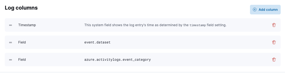 Screenshot showing the log columns changed to include the azure.activitylogs.event_category field