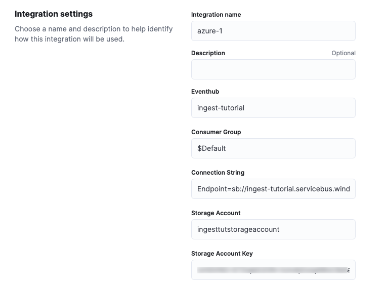 Screenshot of integration settings for Azure activity logs
