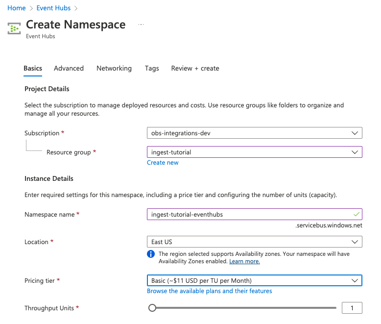Screenshot of window for creating an event hub namespace