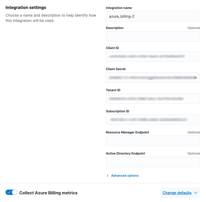 Screenshot of integration settings for Azure