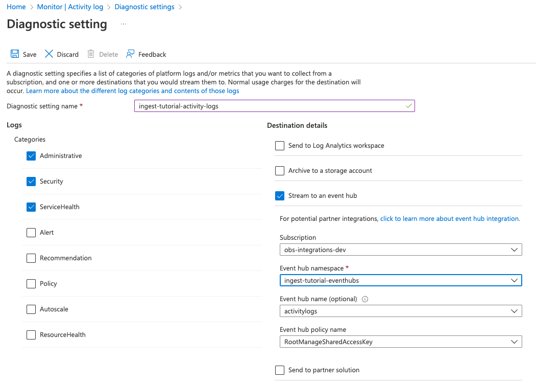 Screenshot of Azure diagnostic settings showing Administrative