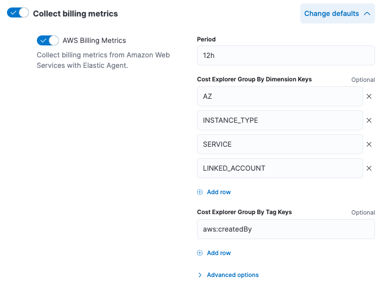 Screenshot of settings to collect billing metrics