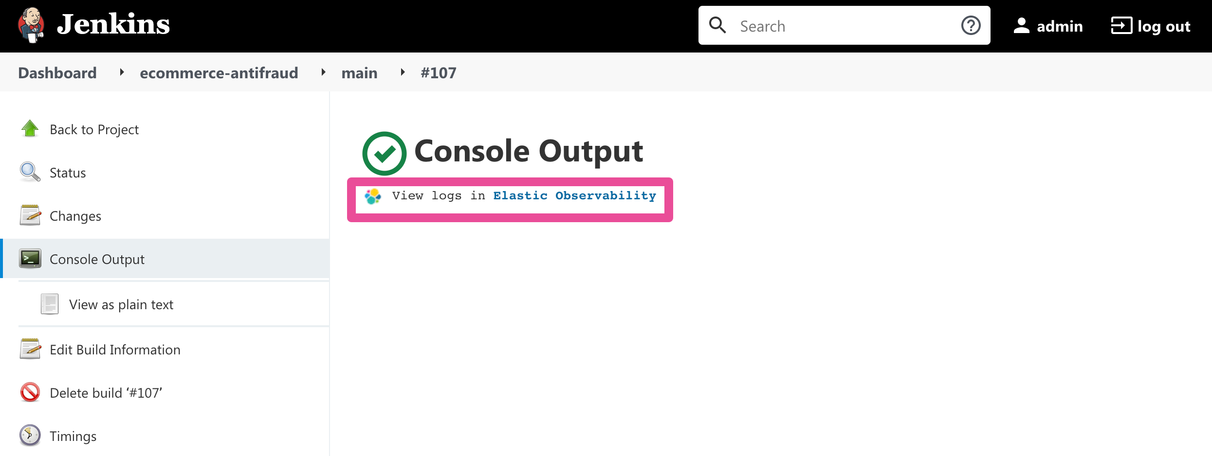 Jenkins Console Output page with link to view logs in Elastic Observability